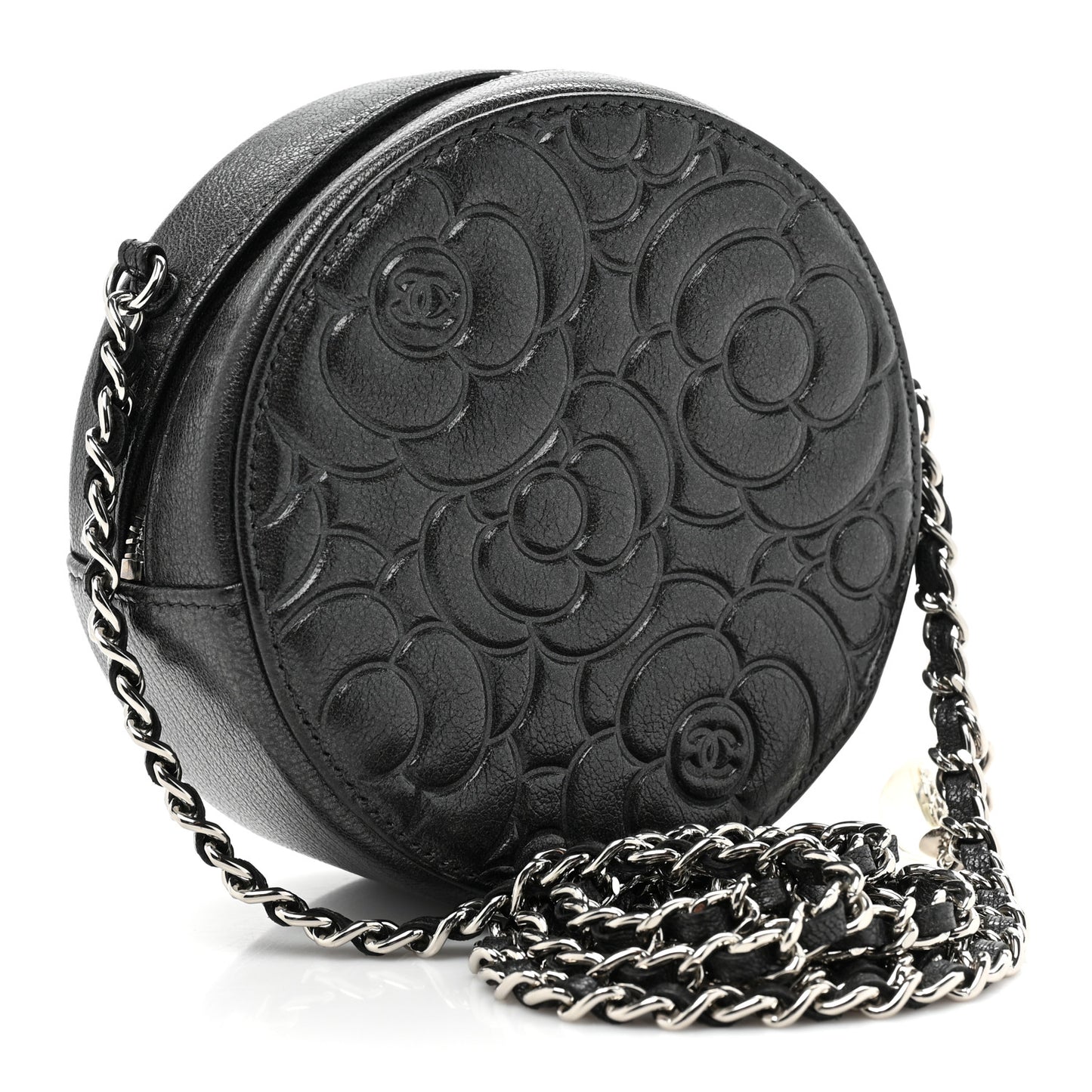 Goatskin Camellia Quilted Round Clutch With Chain Grey
