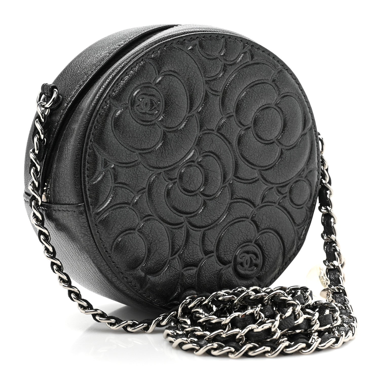 Chanel Goatskin Camellia Quilted Round Clutch With Chain Grey 3 of 9