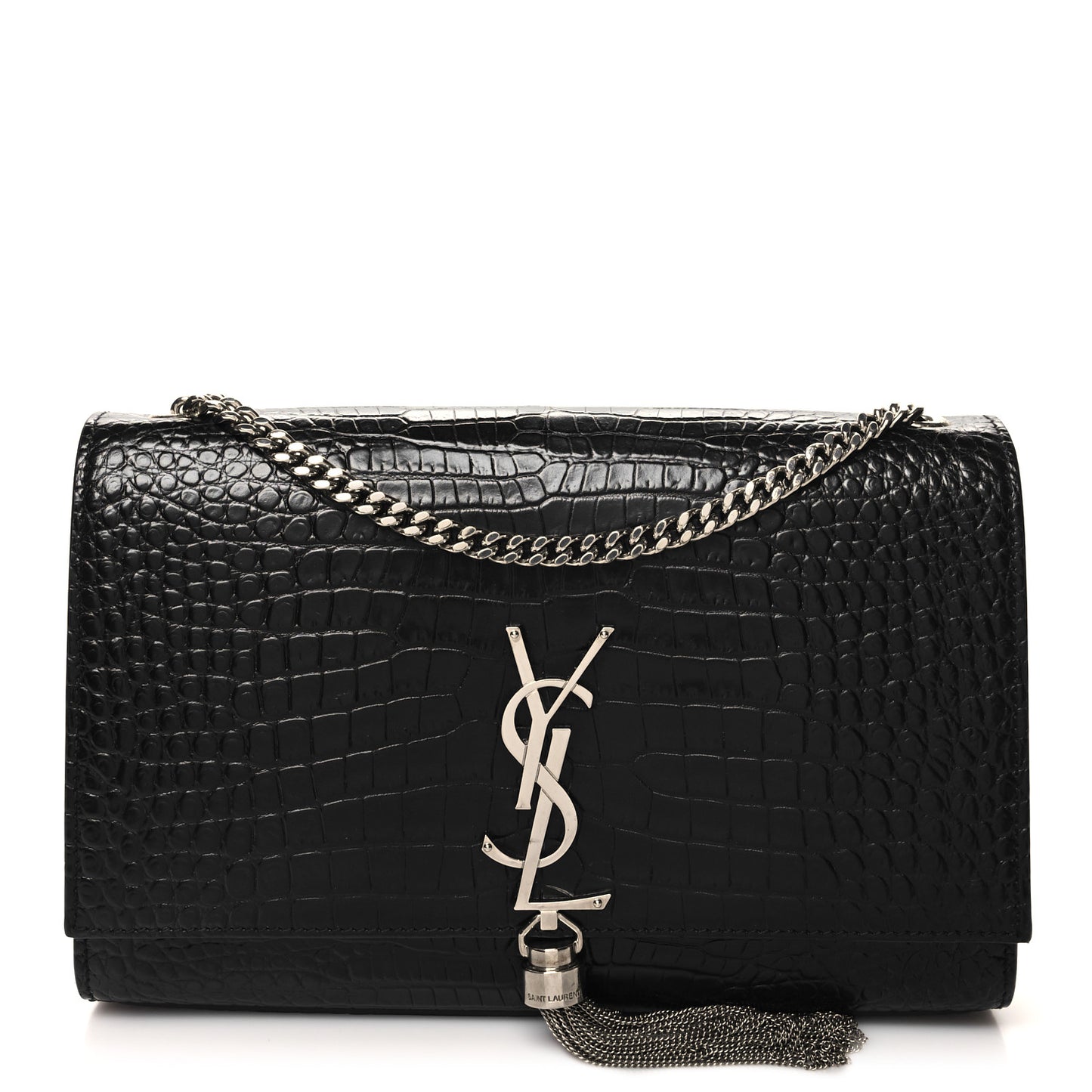 Calfskin Crocodile Embossed Medium Classic Monogram Kate Tassel Satchel Black