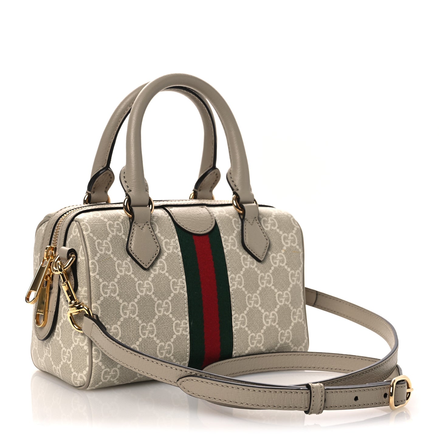 GG Supreme Monogram Textured Dollar Calfskin Web Ophidia Mini Top Handle Bag Beige Mystic White Oatmeal