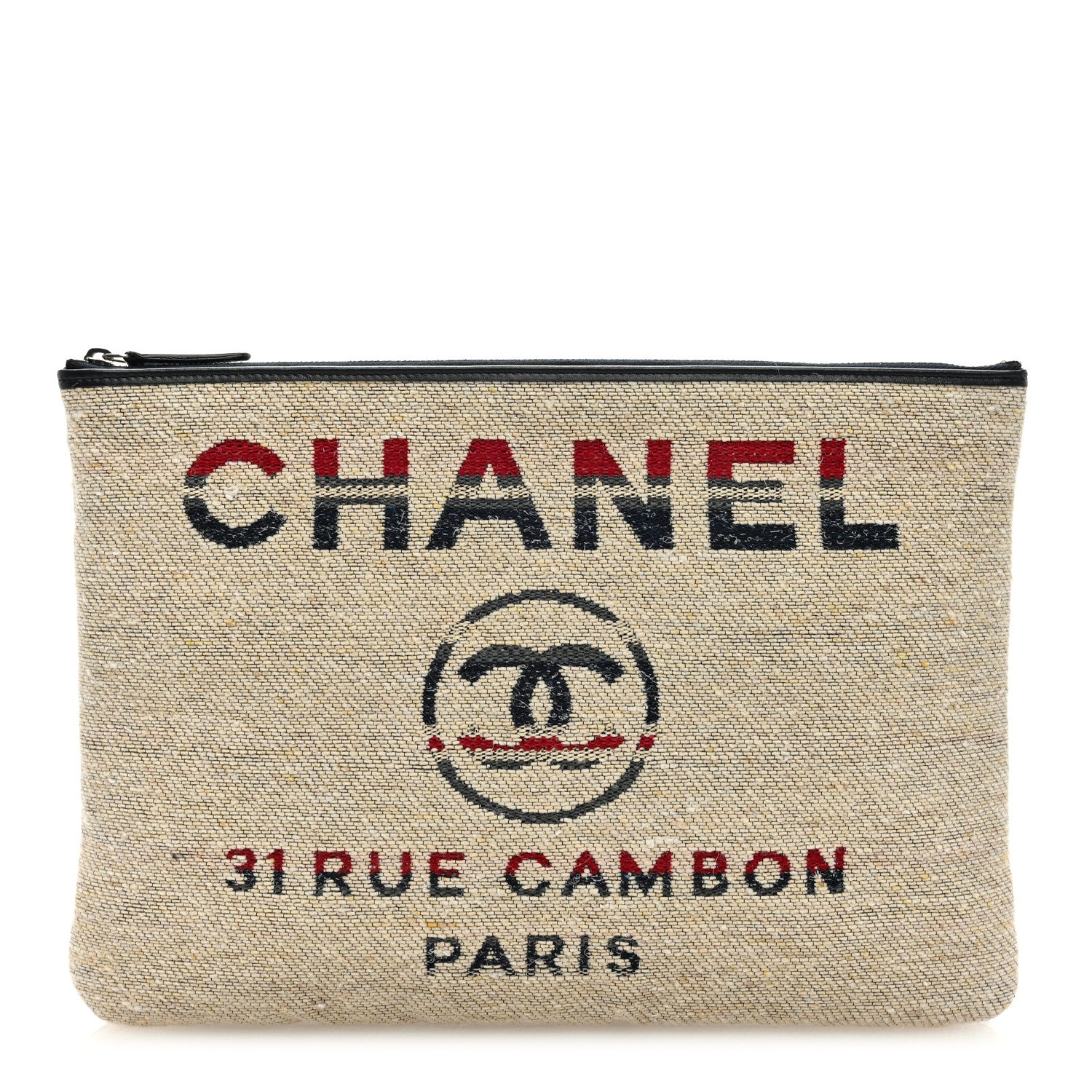 Chanel Striped Canvas Deauville Pouch Clutch Beige 1 of 7