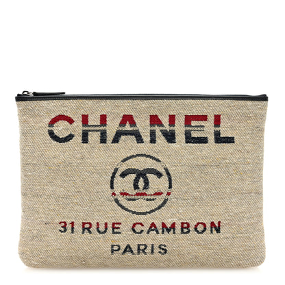 Chanel Striped Canvas Deauville Pouch Clutch Beige 1 of 7