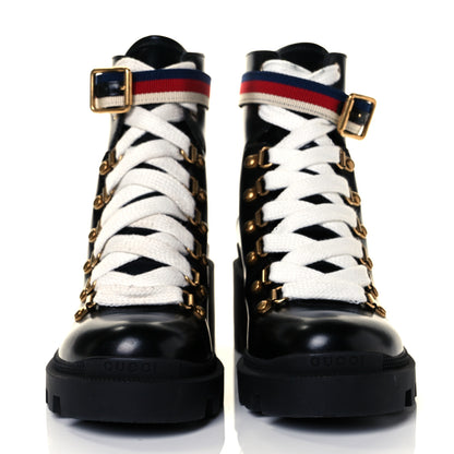 Gucci Calfskin Sylvie Web Womens Lace Up Combat Boots 36.5 Black 2 of 8
