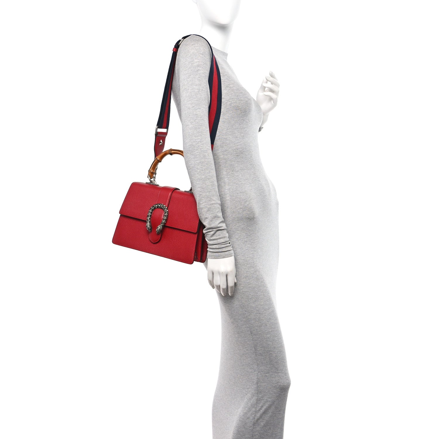 Gucci Dollar Calfskin Crystal Web Medium Dionysus Bamboo Top Handle Bag Hibiscus Red Black Diamond 2 of 11