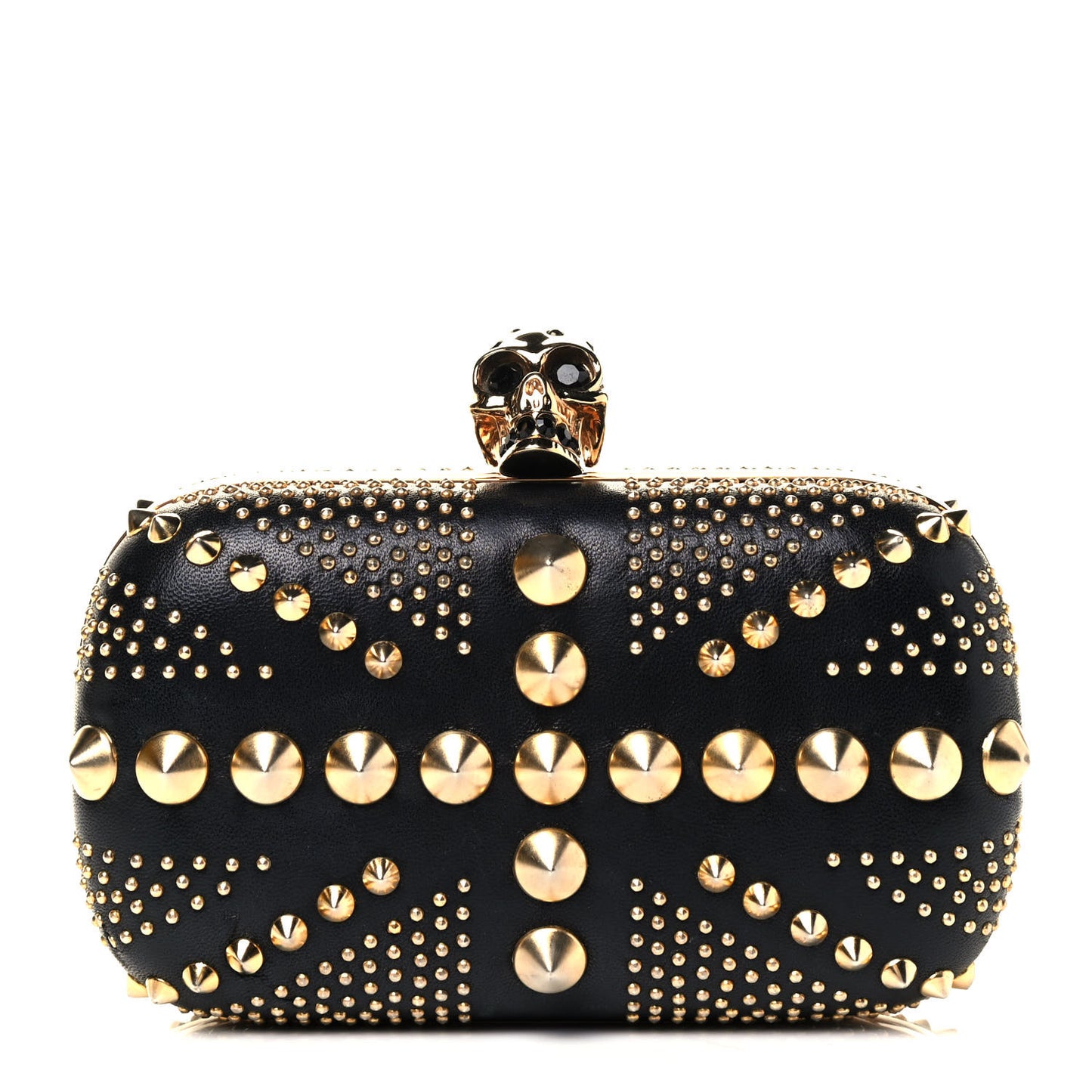 Calfskin Studded Britannia Skull Box Clutch Black