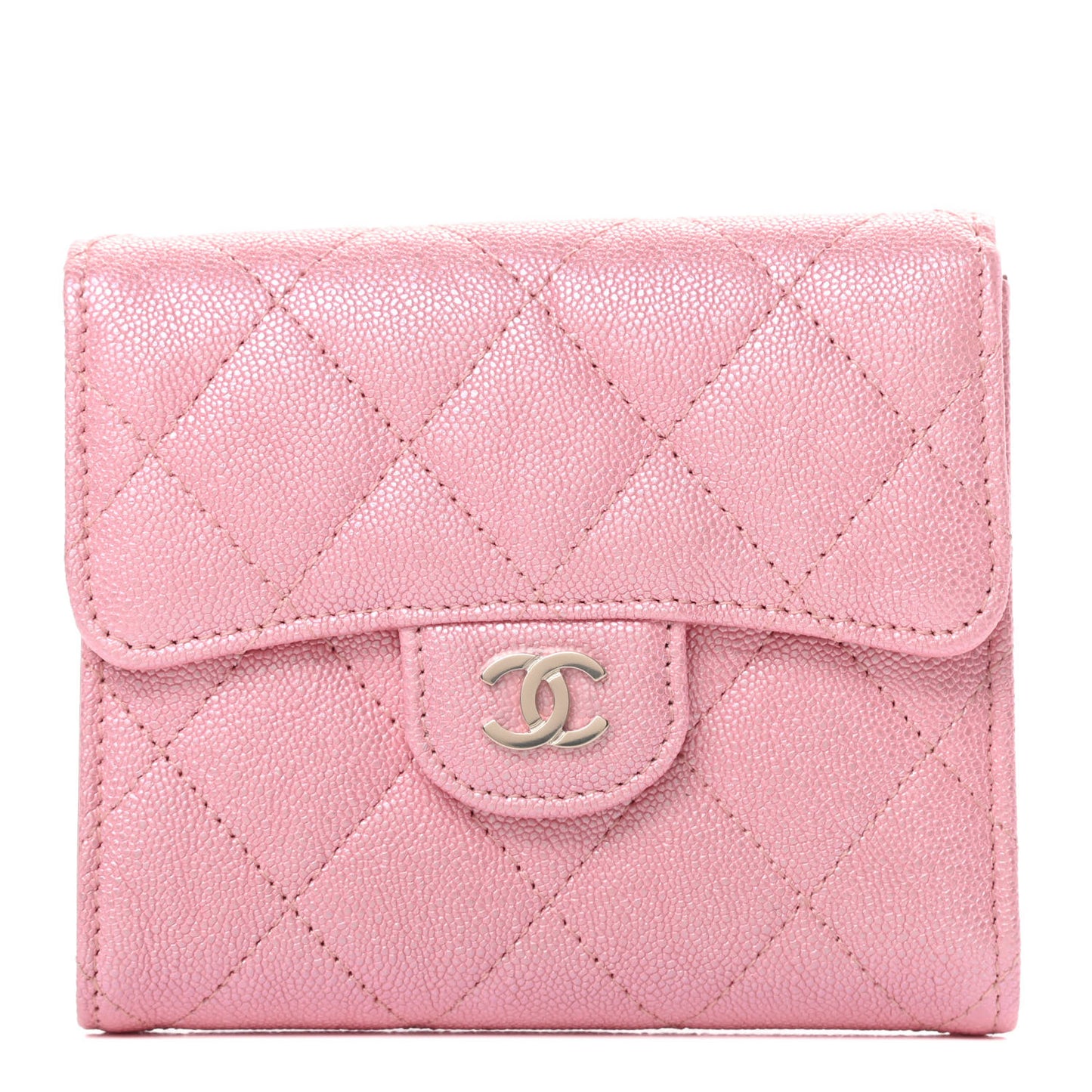 Iridescent Caviar Quilted Compact Flap Wallet Pink