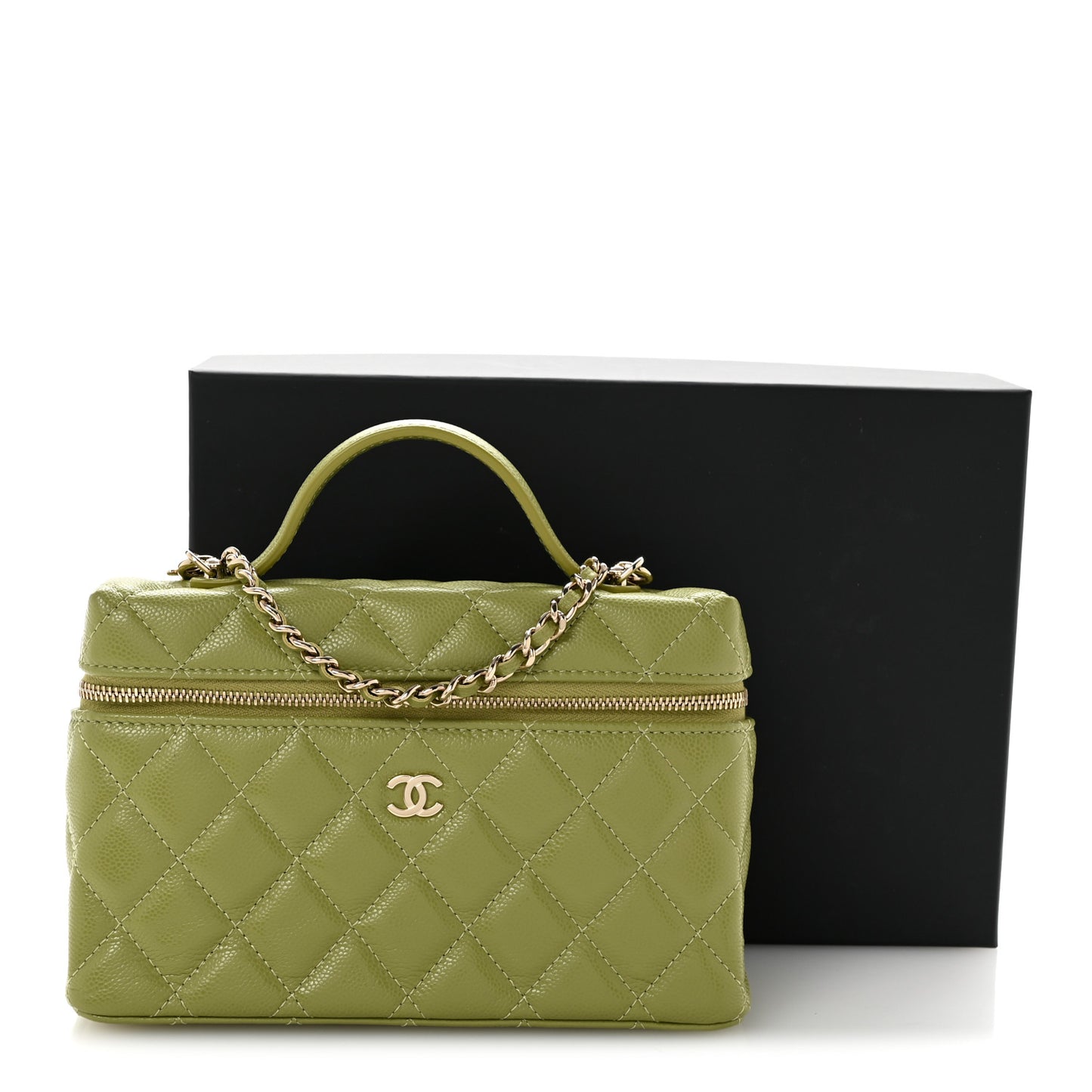 Caviar Quilted Top Handle Slim Vanity With Chain Khaki