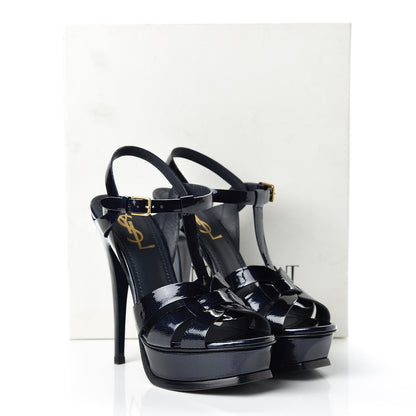 Saint Laurent Pebbled Patent Tribute 105 Platform Sandals 37 Navy Blue 8 of 8