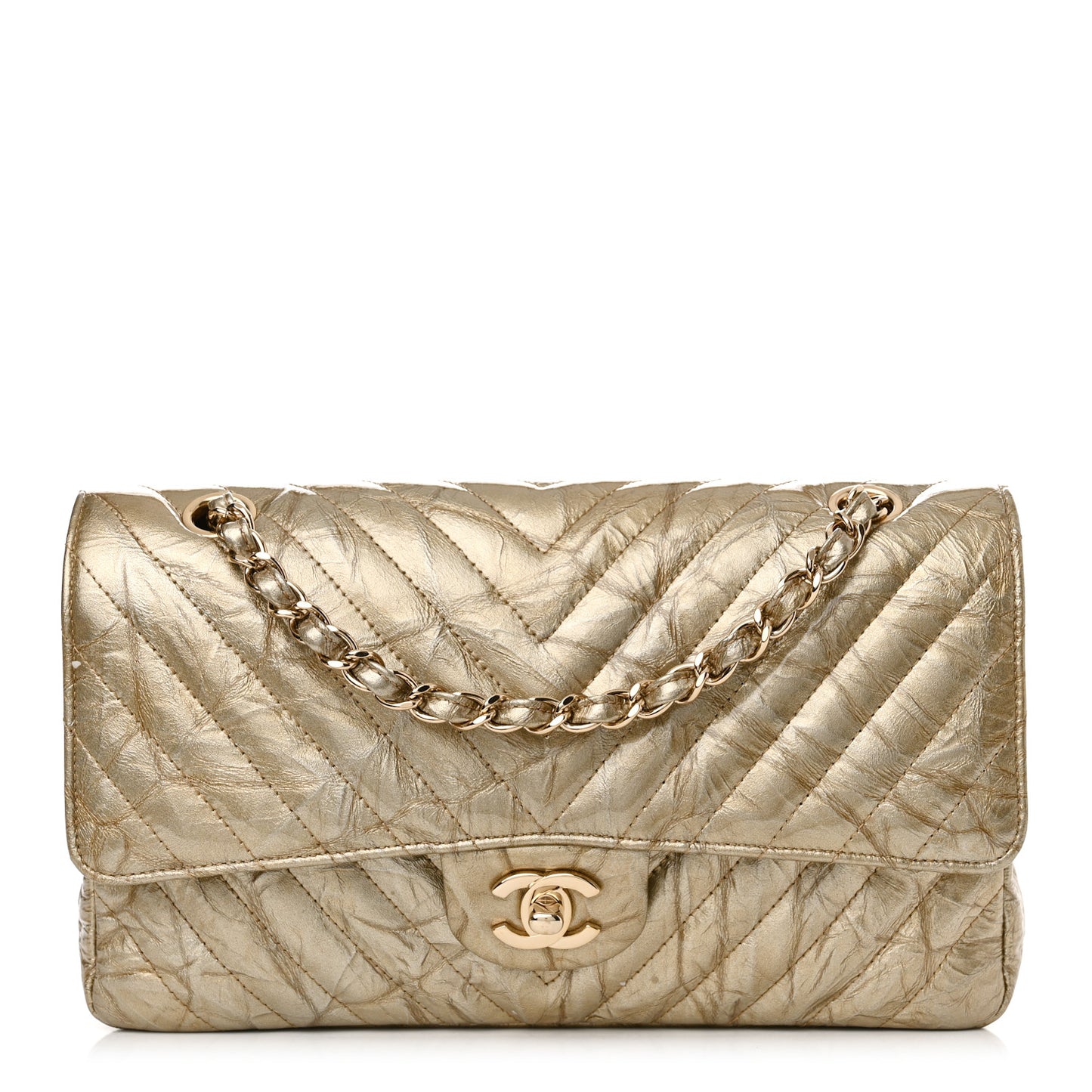 Metallic Patent Crumpled Calfskin Chevron Quilted Medium Double Flap Gold
