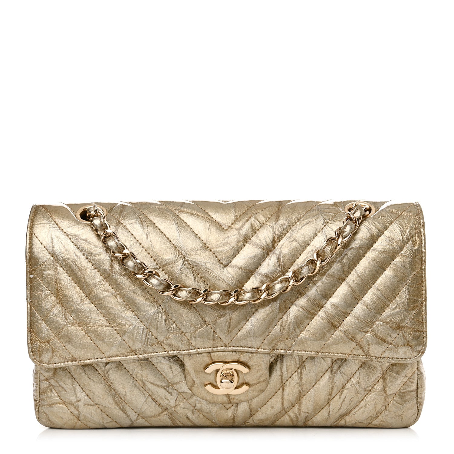 Chanel Metallic Patent Crumpled Calfskin Chevron Quilted Medium Double Flap Gold 1 of 11
