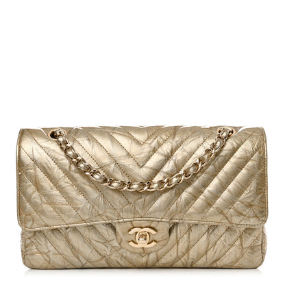 Chanel Metallic Patent Crumpled Calfskin Chevron Quilted Medium Double Flap Gold 1 of 11