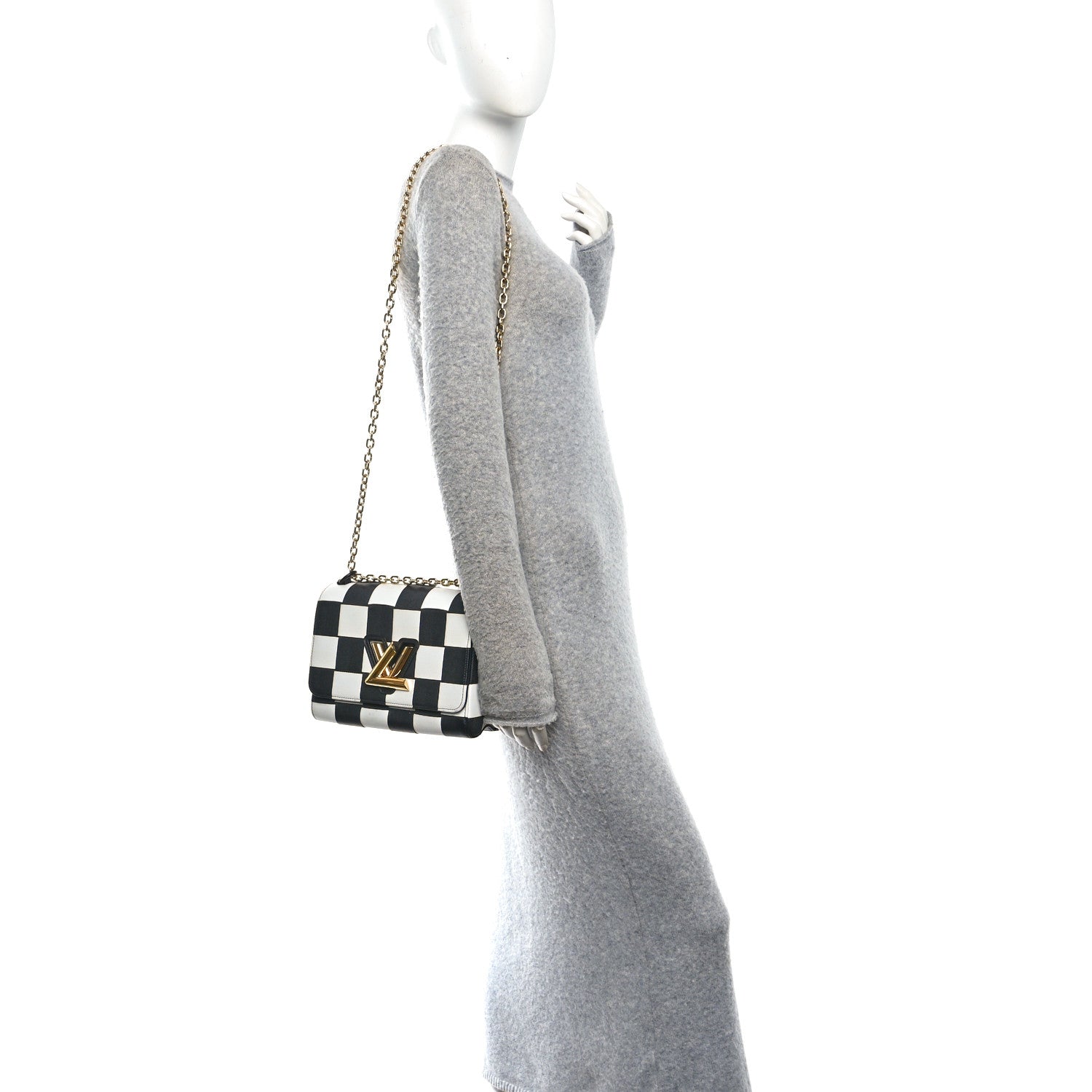 Louis Vuitton Calfskin Damier Tressage Twist Shoulder Bag MM Black White 2 of 10