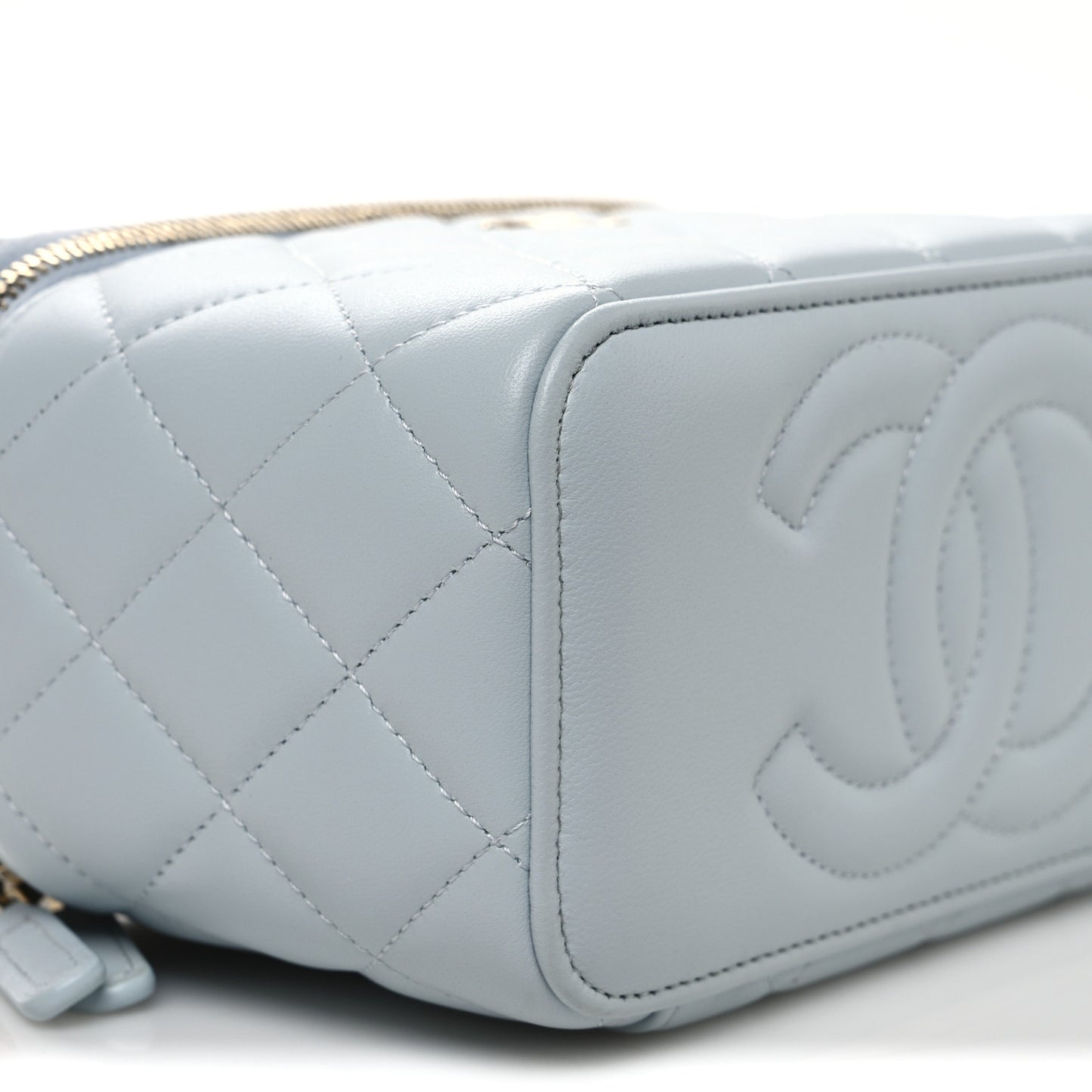 Lambskin Quilted Small Top Handle Vanity Case With Chain Light Blue