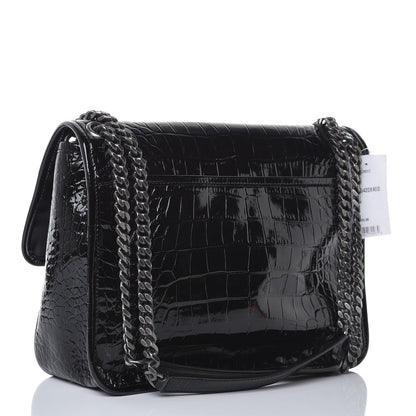 Saint Laurent Patent Crocodile Embossed Lambskin Monogram Medium Niki Chain Satchel Black 3 of 8