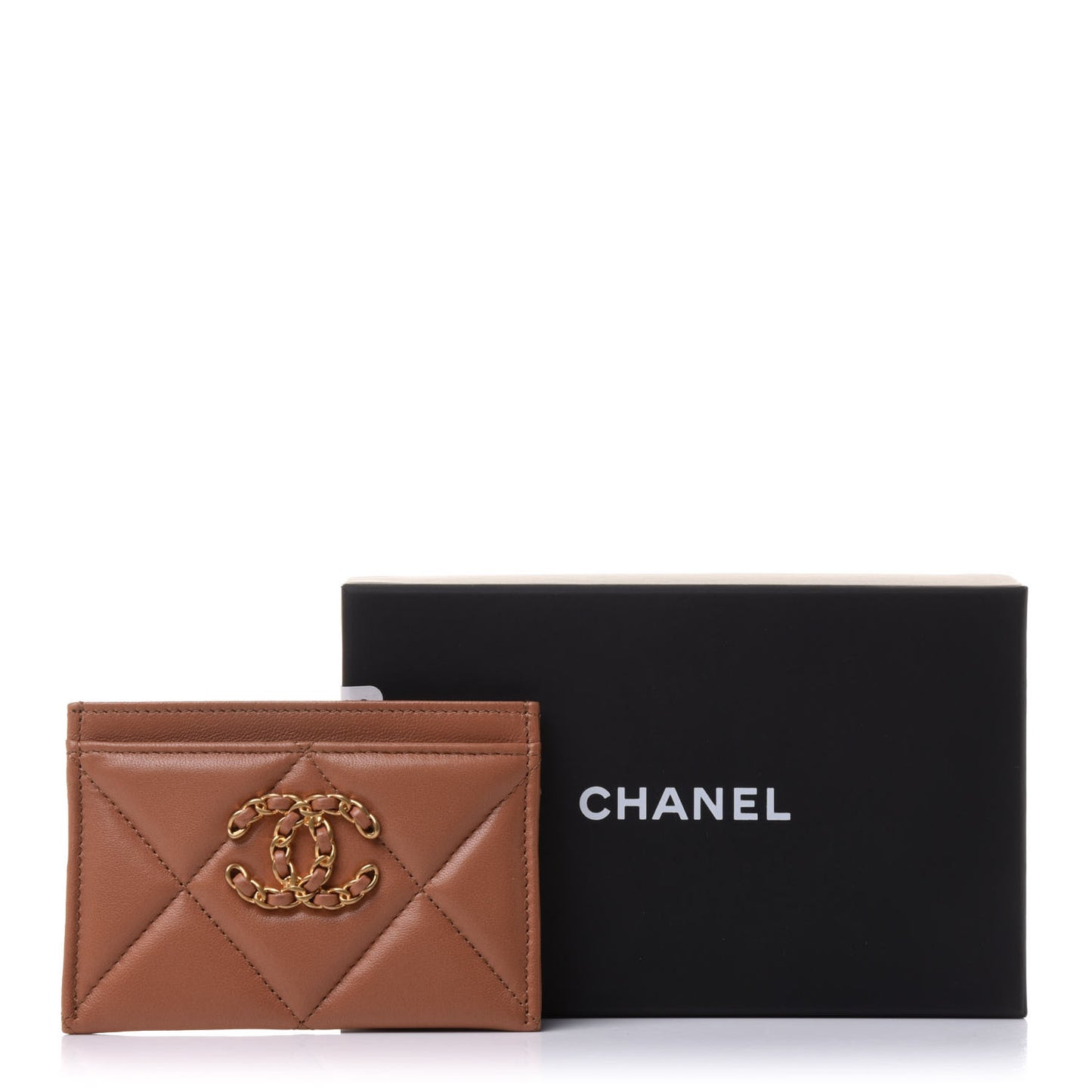 Lambskin Quilted Chanel 19 Card Holder Brown