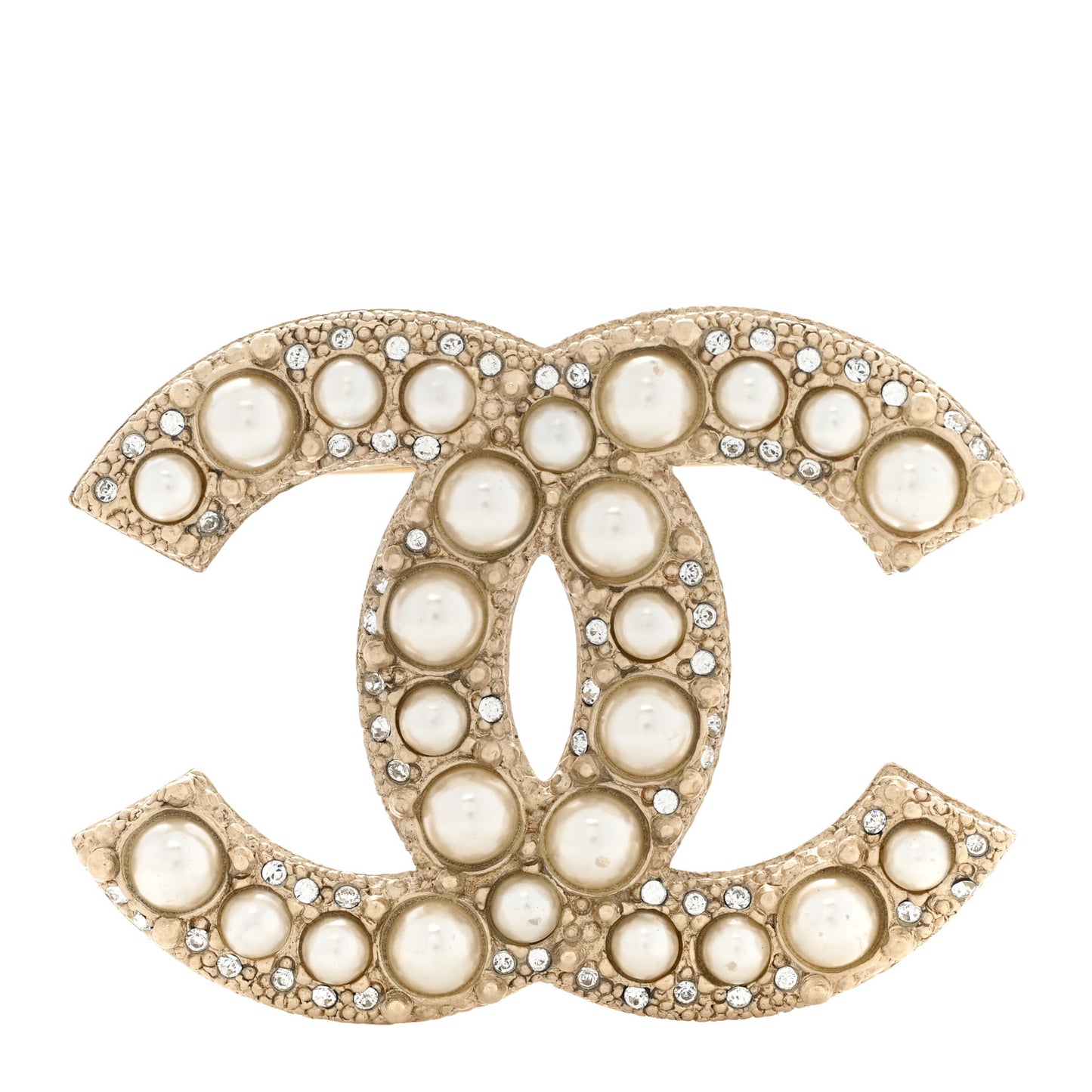 Graduated Pearl Crystal CC Brooch Gold