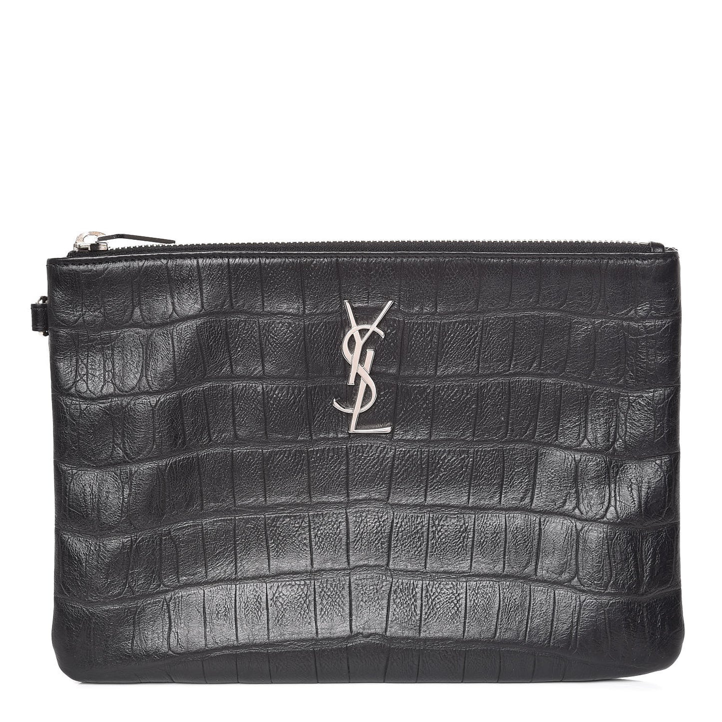 Calfskin Crocodile Embossed Monogram Zip Pouch Black
