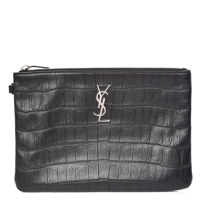 Saint Laurent Calfskin Crocodile Embossed Monogram Zip Pouch Black 1 of 8