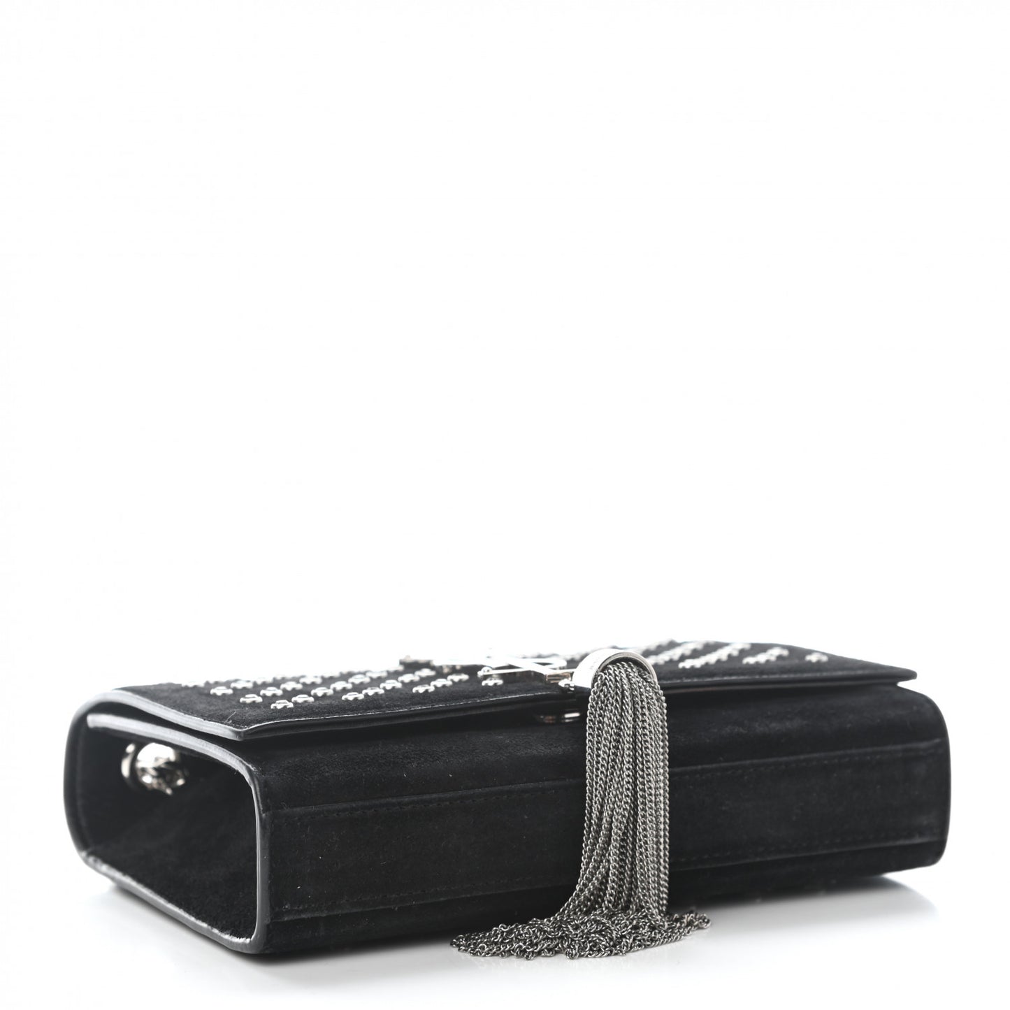 Suede Crystal Studded Small Classic Monogram Kate Tassel Satchel Black