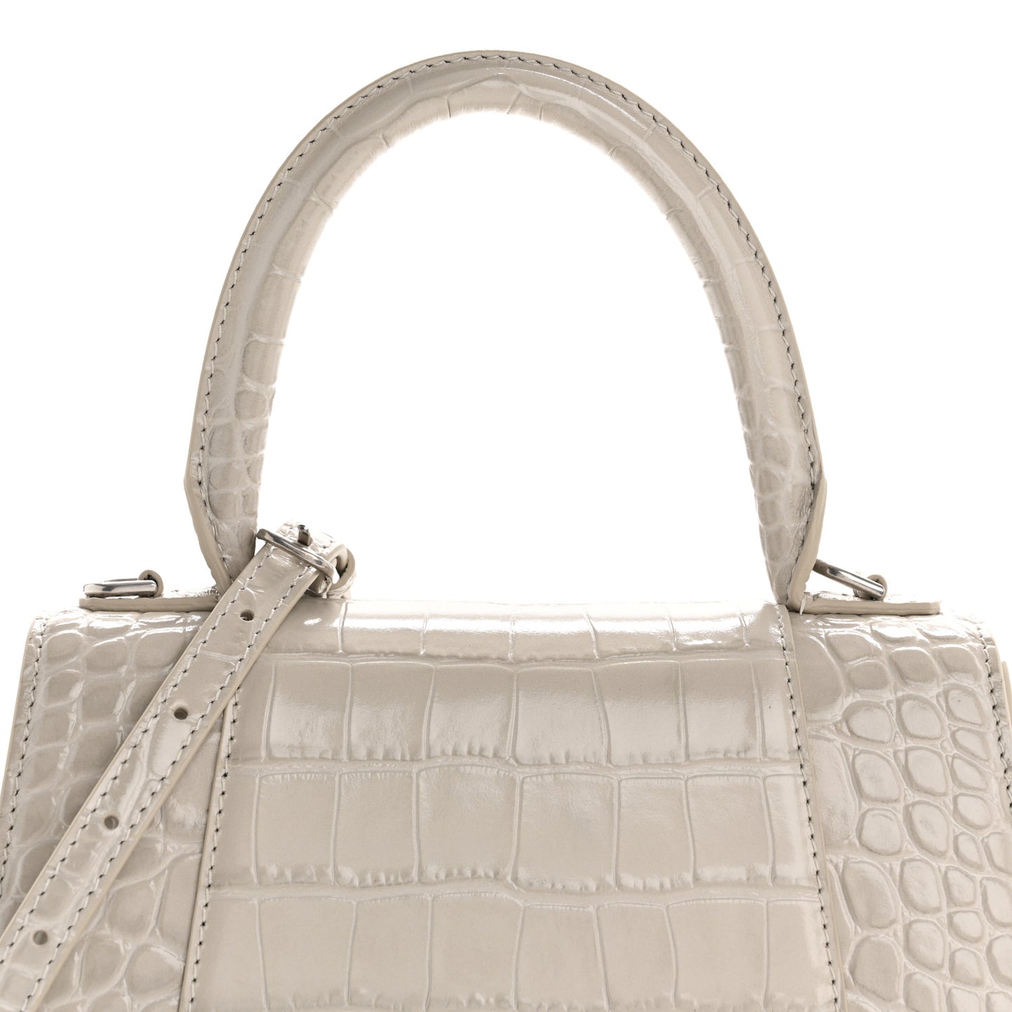 Shiny Calfskin Crocodile Embossed Small Hourglass Top Handle Bag Cold Beige