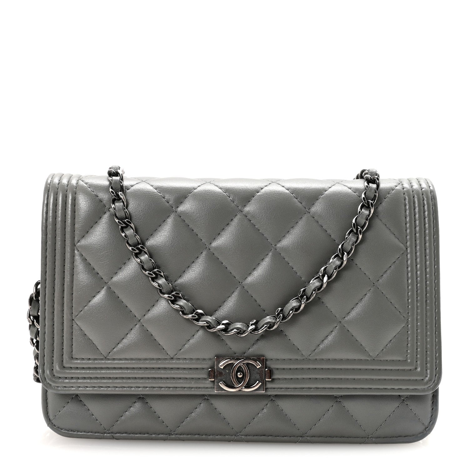 Chanel Lambskin Quilted Boy Wallet On Chain WOC Grey 1 of 12
