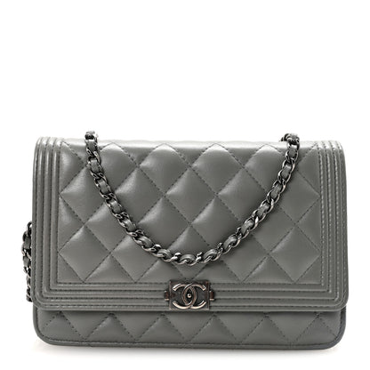 Chanel Lambskin Quilted Boy Wallet On Chain WOC Grey 1 of 12