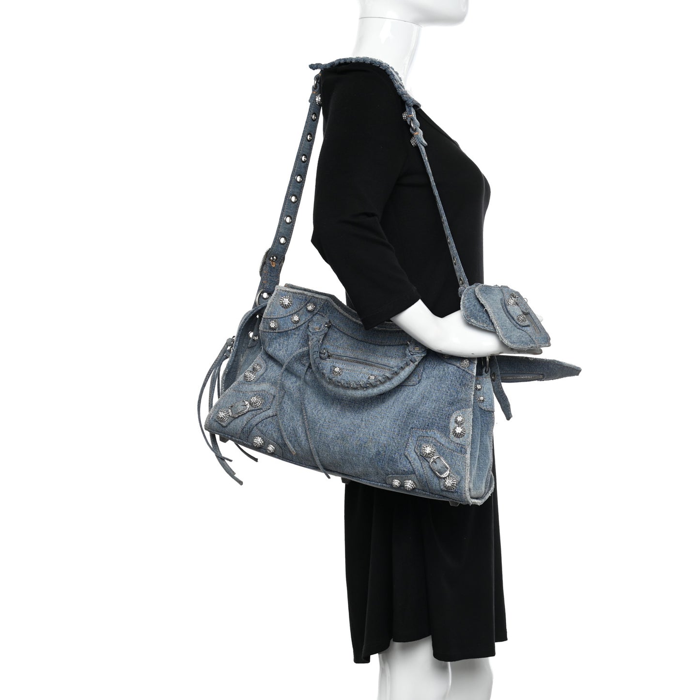 Washed Frayed Denim Crystal Neo Cagole City Handbag Blue