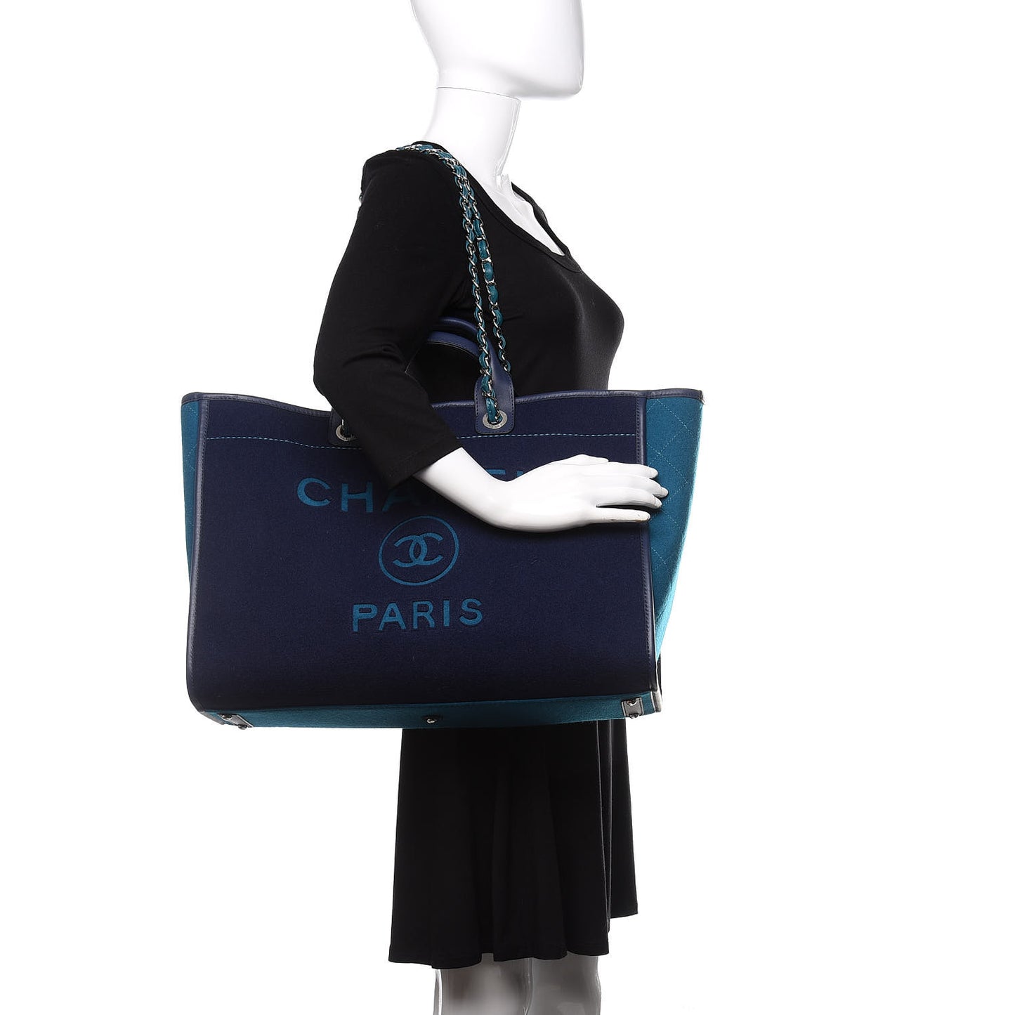 Wool Felt Calfskin Large Deauville Tote Dark Blue