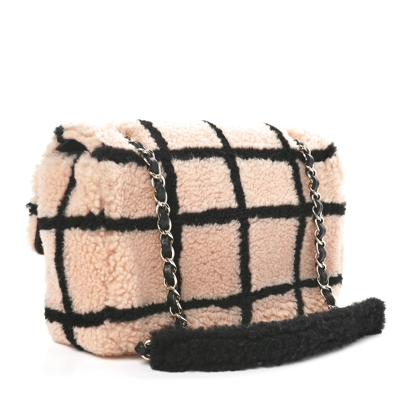 Shearling Lambskin Large Fluffy Tartan Single Flap Pink Black