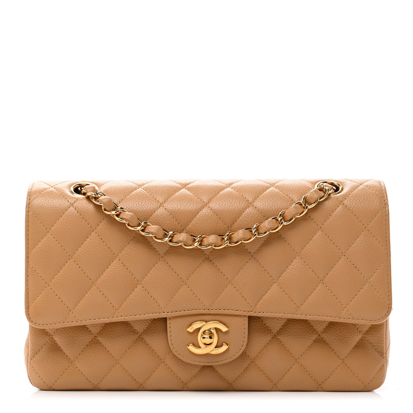 Caviar Quilted Medium Double Flap Beige