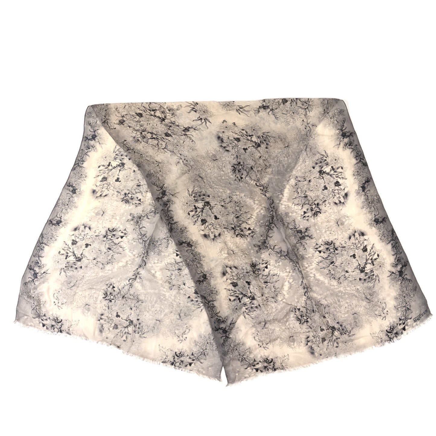 Cashmere Silk Floral Print Scarf Black White
