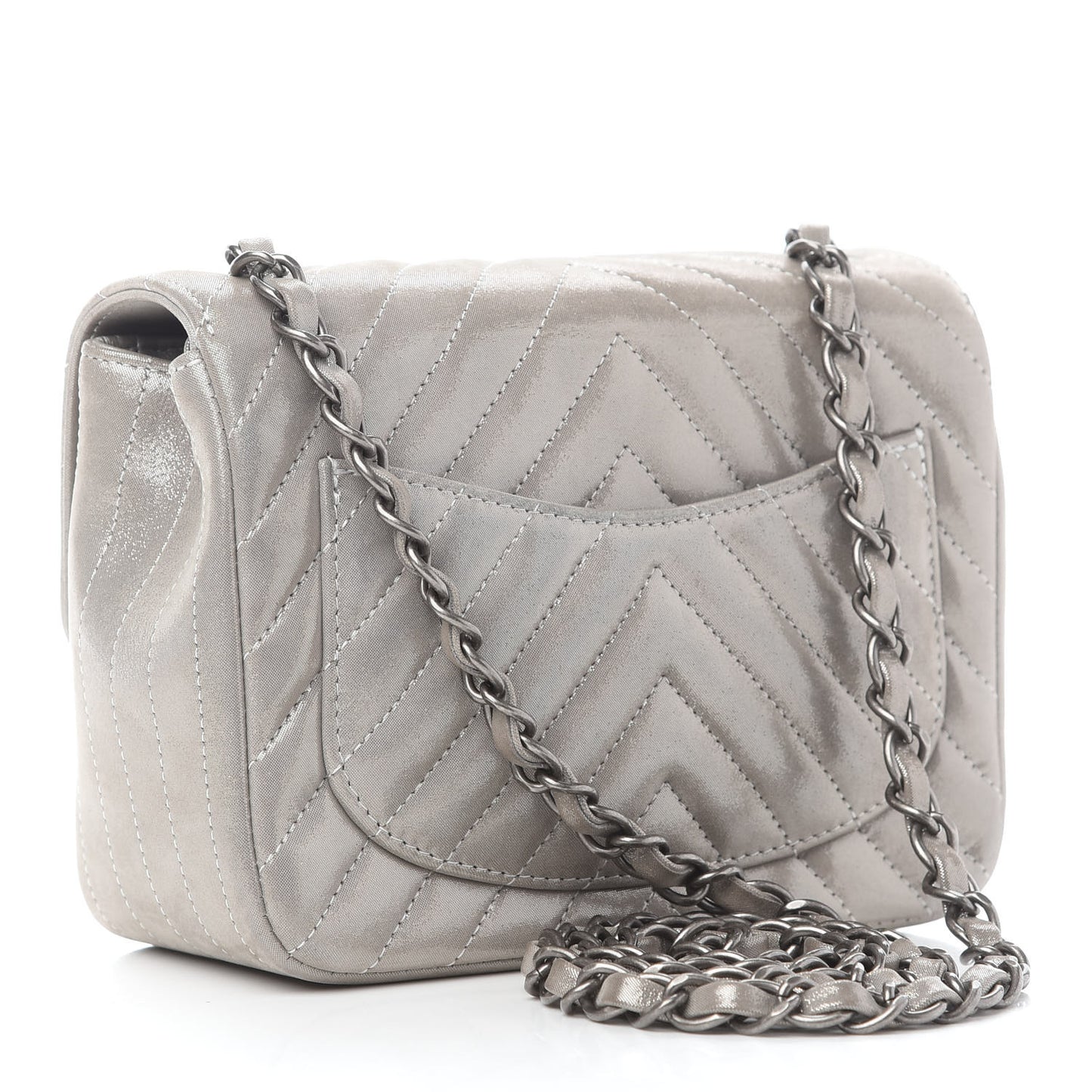 Iridescent Calfskin Chevron Quilted Mini Square Flap Silver