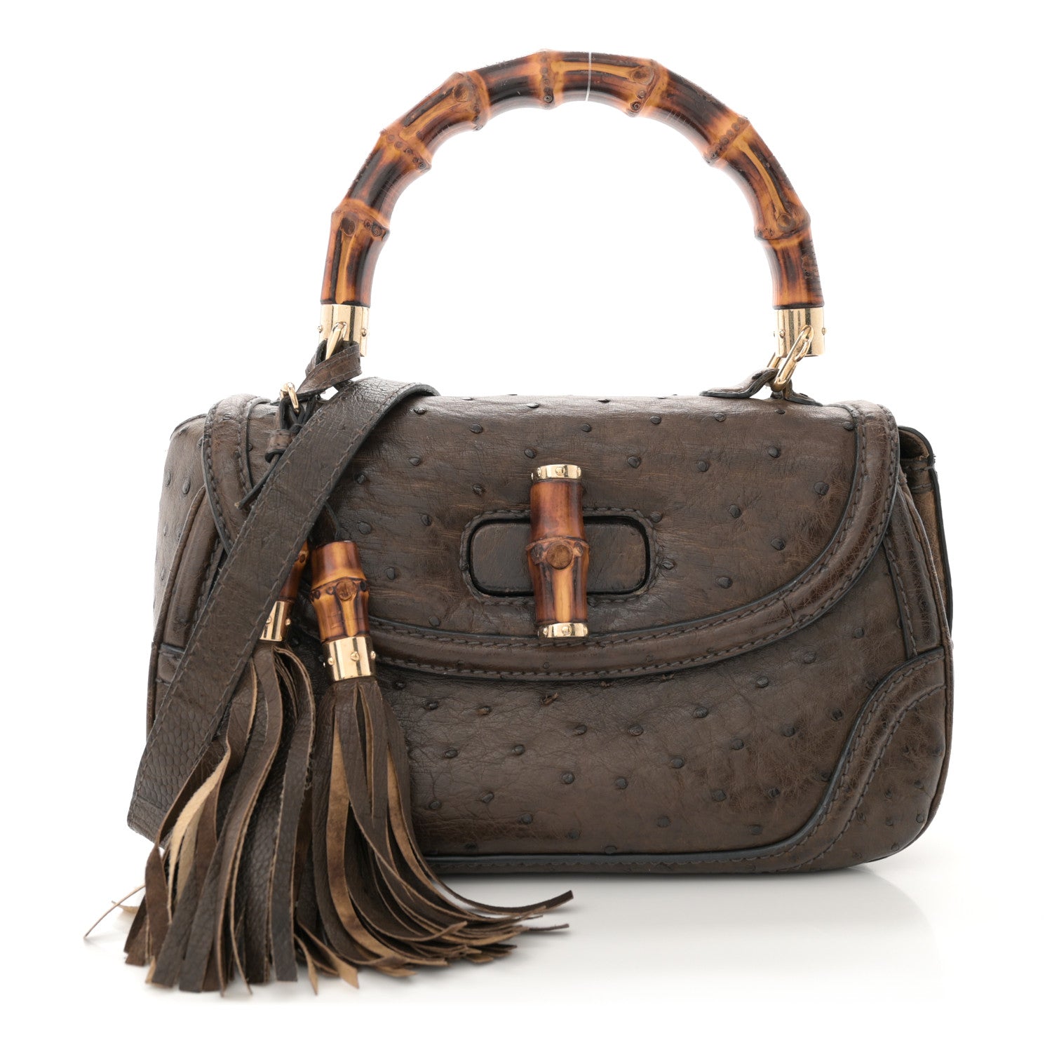 Gucci Ostrich Medium New Bamboo Top Handle Bag Dark Brown 1 of 14