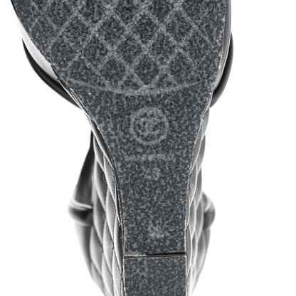 Chanel Lambskin Pearl Quilted Peep Toe Wedge Sandals 40 Black 6 of 9