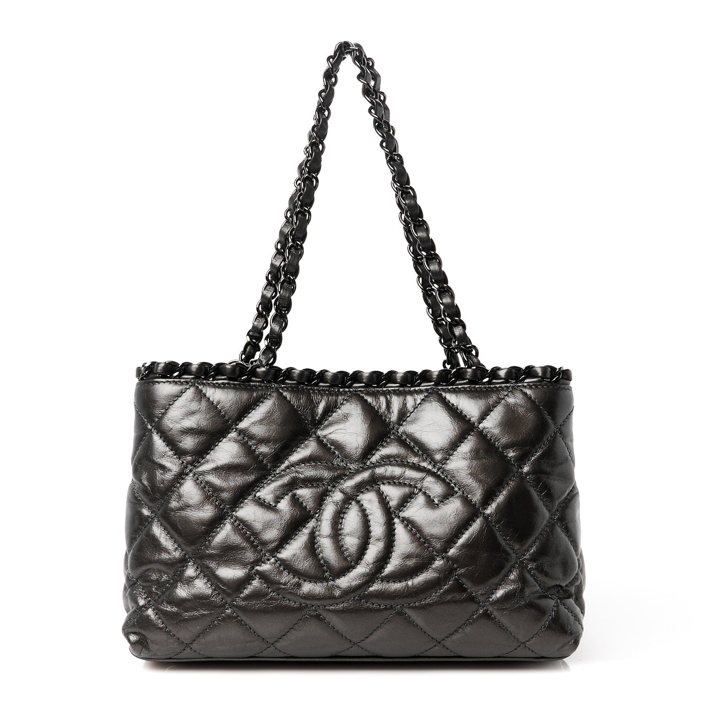 Metallic Aged Calfskin Quilted Small Chain Me Tote Silver