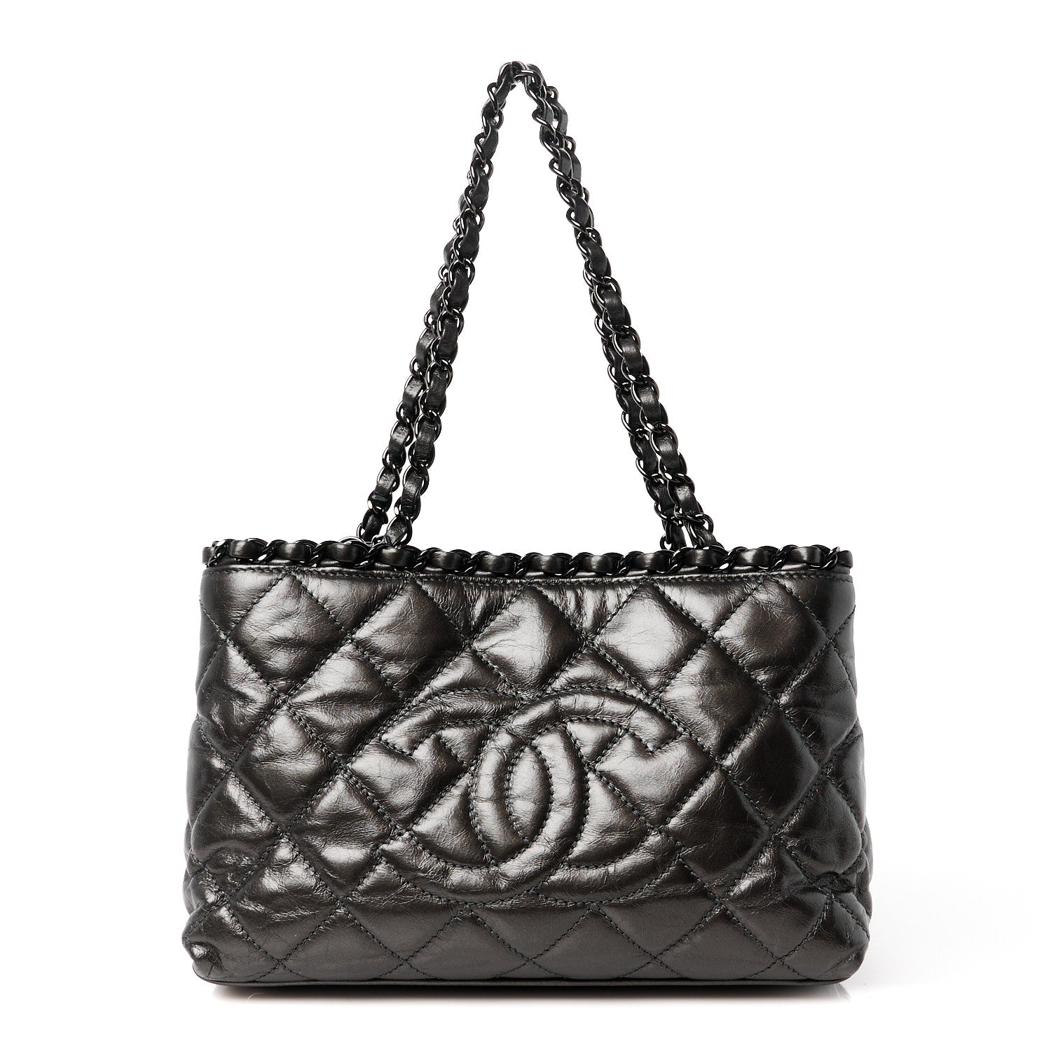 Chanel Metallic Aged Calfskin Quilted Small Chain Me Tote Silver 1 of 10