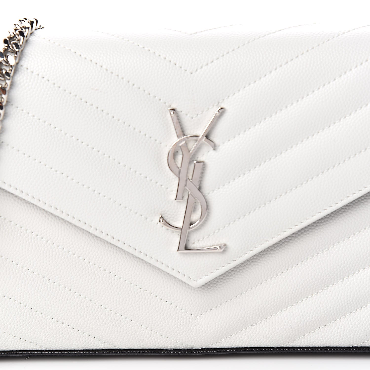 Saint Laurent Grain De Poudre Matelasse Bi-Color Chevron Monogram Chain Wallet White Black 9 of 10