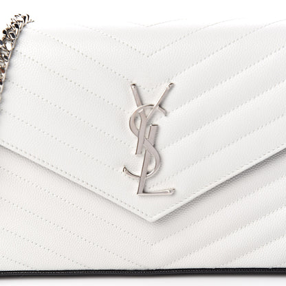 Saint Laurent Grain De Poudre Matelasse Bi-Color Chevron Monogram Chain Wallet White Black 9 of 10