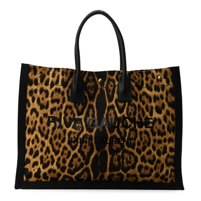 Saint Laurent Canvas Calfskin Leopard Print Rive Gauche Noe Tote Natural Black 1 of 10