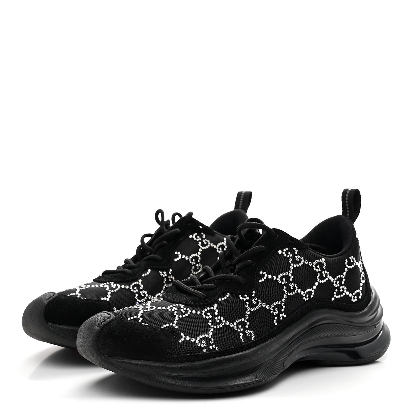Tela Retino Mesh Crystal Suede GG Monogram Womens Gucci Run Sneakers 37.5 Black Silver