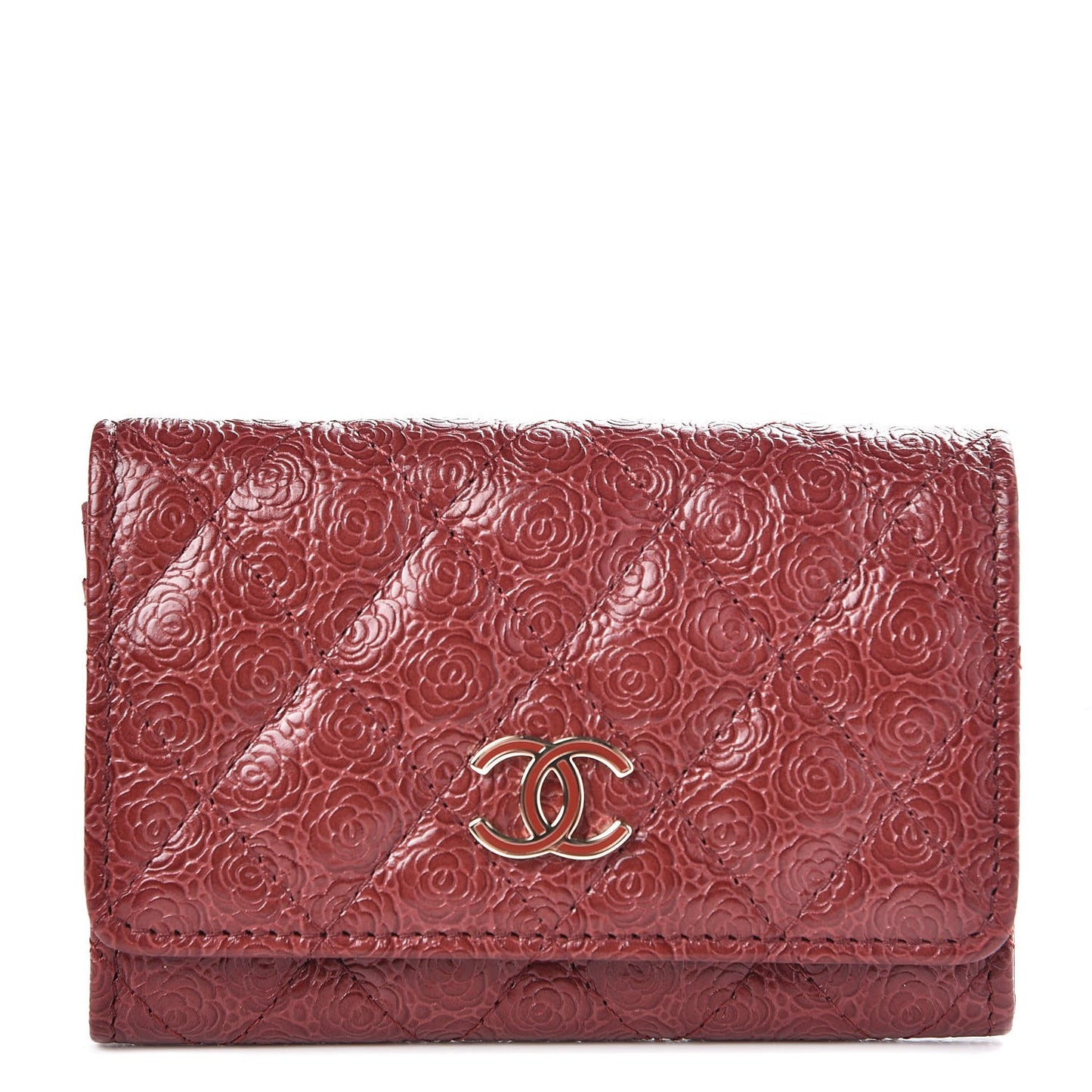 Calfskin Camellia Embossed Quilted Card Holder Burgundy