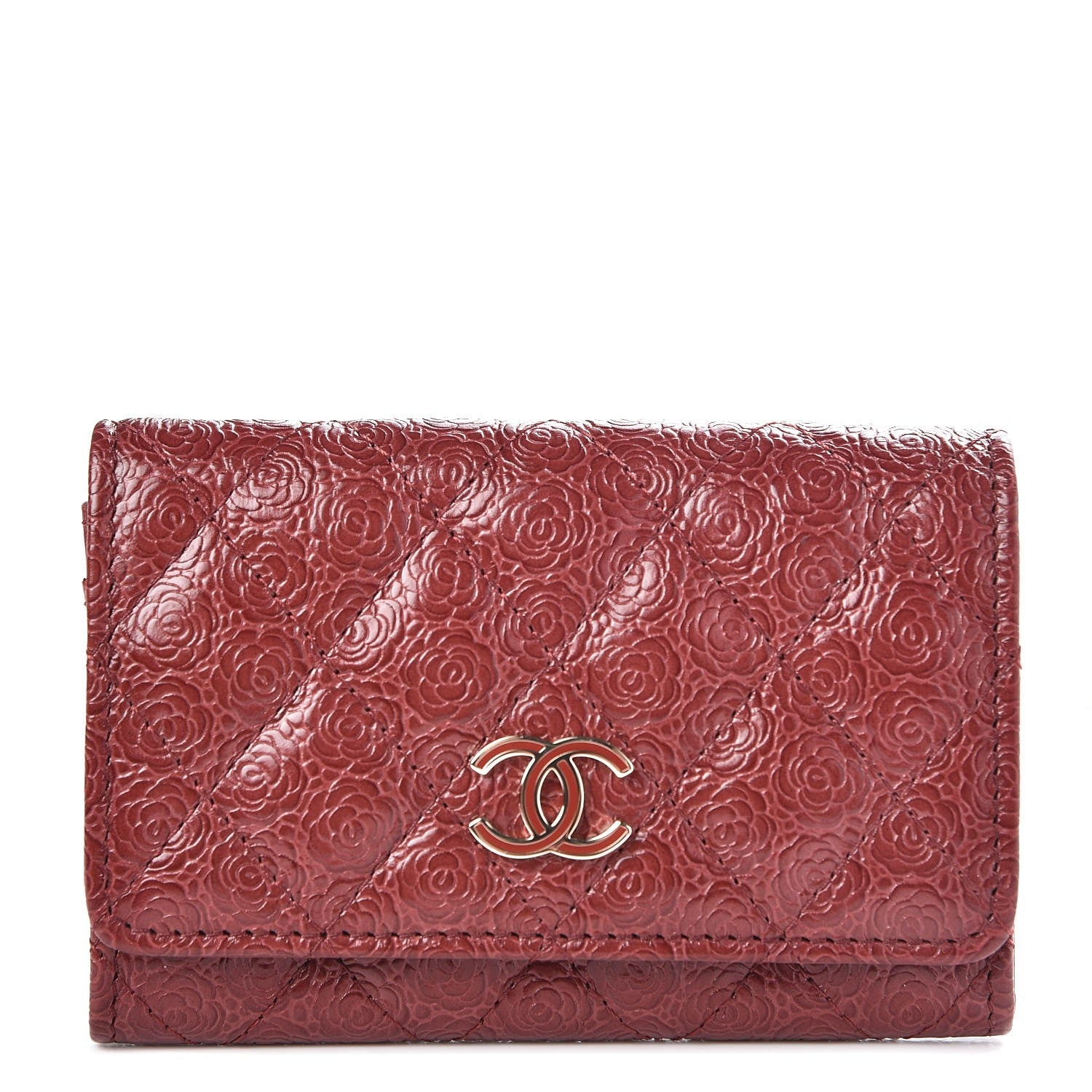 Chanel Calfskin Camellia Embossed Quilted Card Holder Burgundy 1 of 8