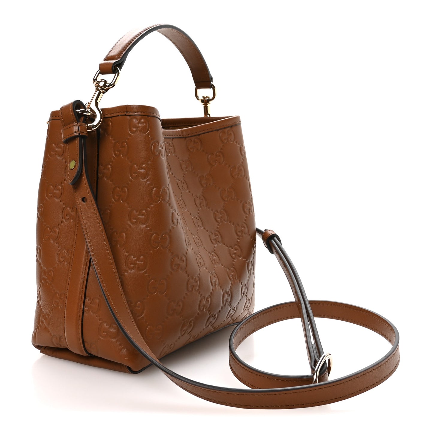 GG Calfskin Embossed Emblem Small Bucket Bag Brown