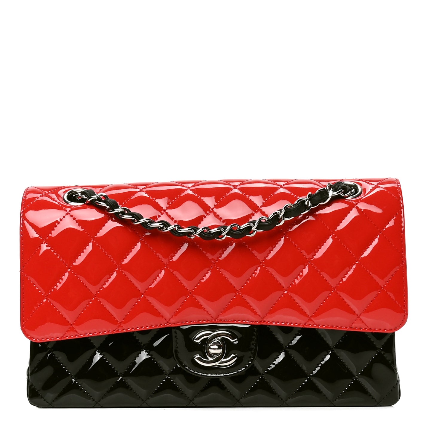 Patent Calfskin Quilted Bi-Color Medium Double Flap Black Red