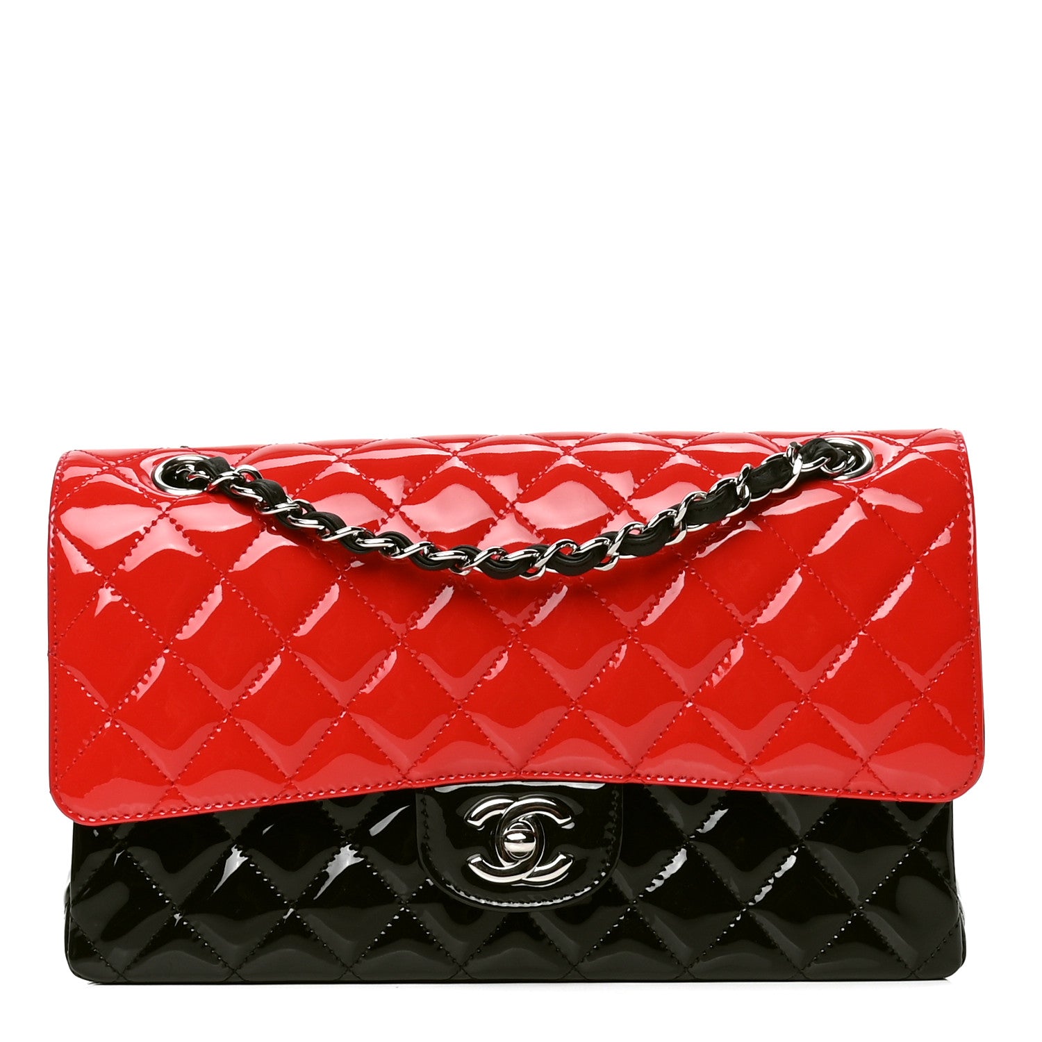 Chanel Patent Calfskin Quilted Bi-Color Medium Double Flap Black Red 1 of 5