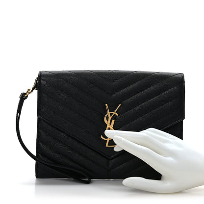 Saint Laurent Grain De Poudre Matelasse Chevron Monogram Envelope Clutch Black 2 of 9