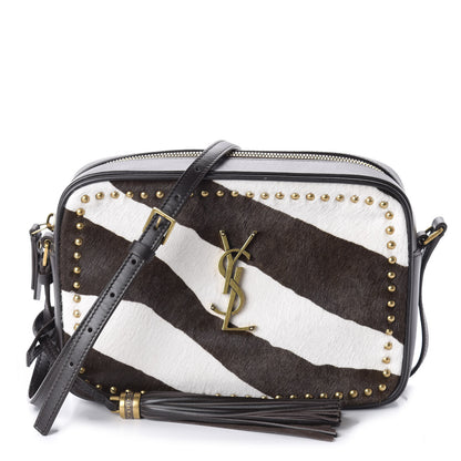 Saint Laurent Pony Hair Calfskin Studded Monogram Lou Camera Bag Dusty White Brown 1 of 9