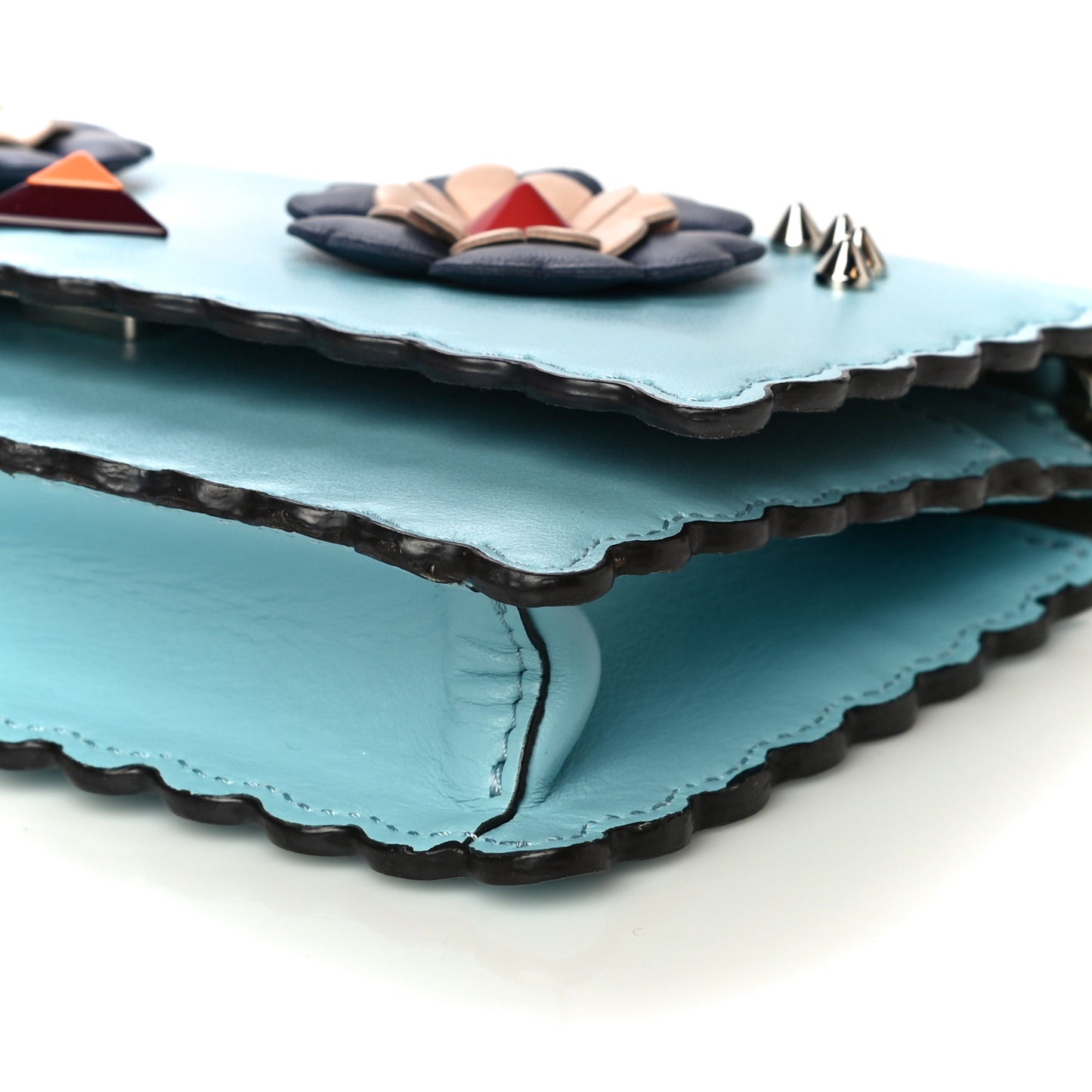 Vitello Century Lucido Nappa Hypnoteyes Scalloped Studded Tube Wallet on Chain Turchese Pallido Blueberry Multicolor