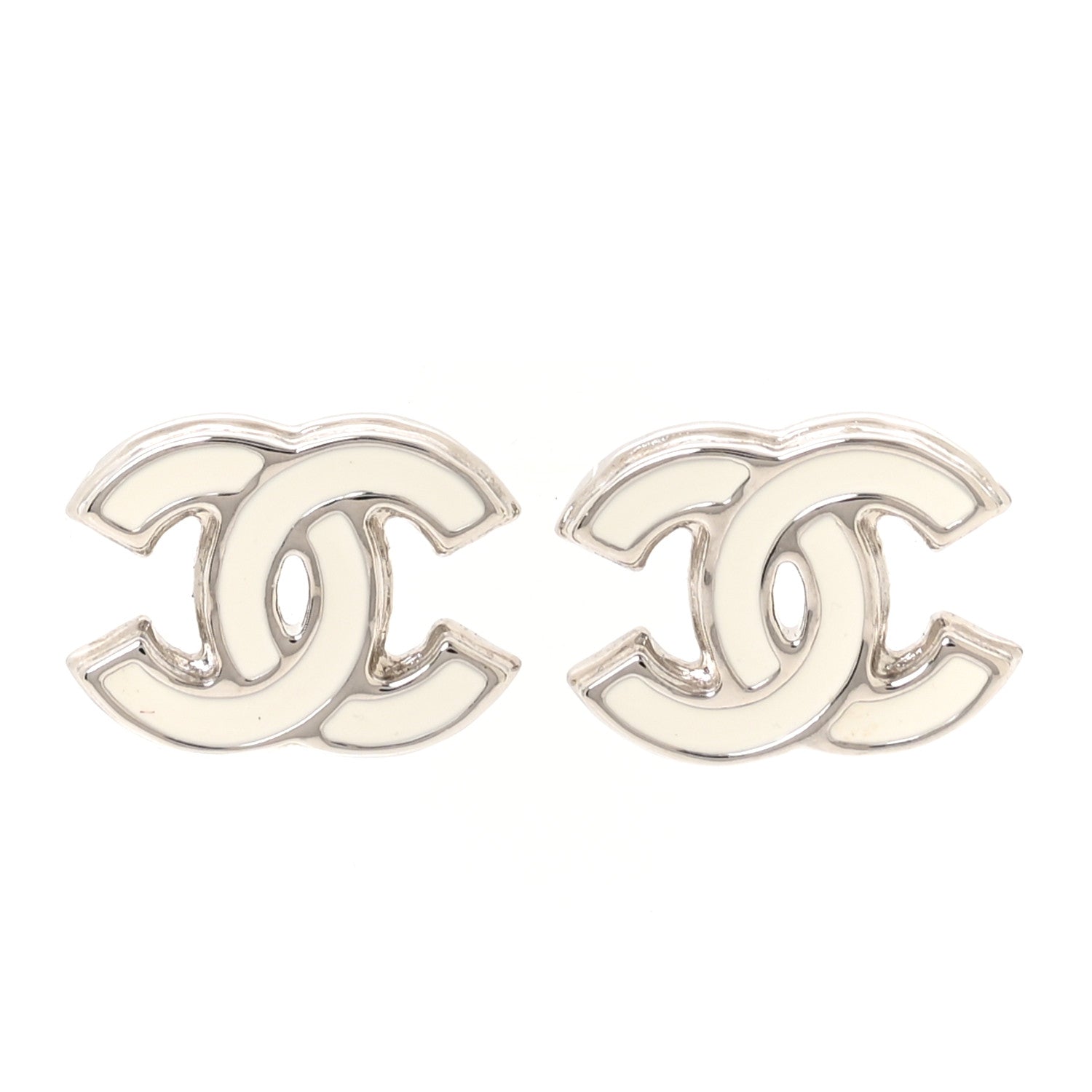 Chanel Metal Resin CC Earrings White Silver 1 of 5