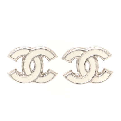 Chanel Metal Resin CC Earrings White Silver 1 of 5